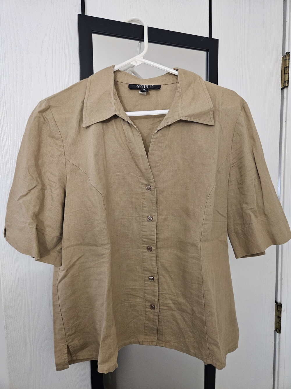 Kasper Linen Button-Front Short Sleeve Blouse